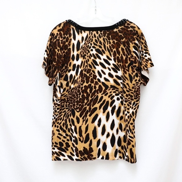 Belldini Animal print beaded collar knit top 3X blouse Y2K leopard short sleeve - Picture 3 of 6